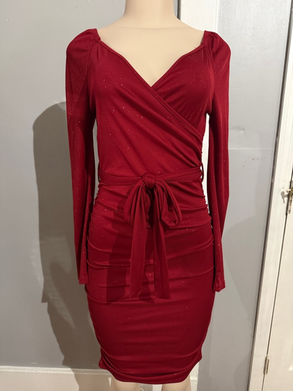 SHEIN Sparkle Red Wrap-Front Long Sleeve Tie Waist Dress
